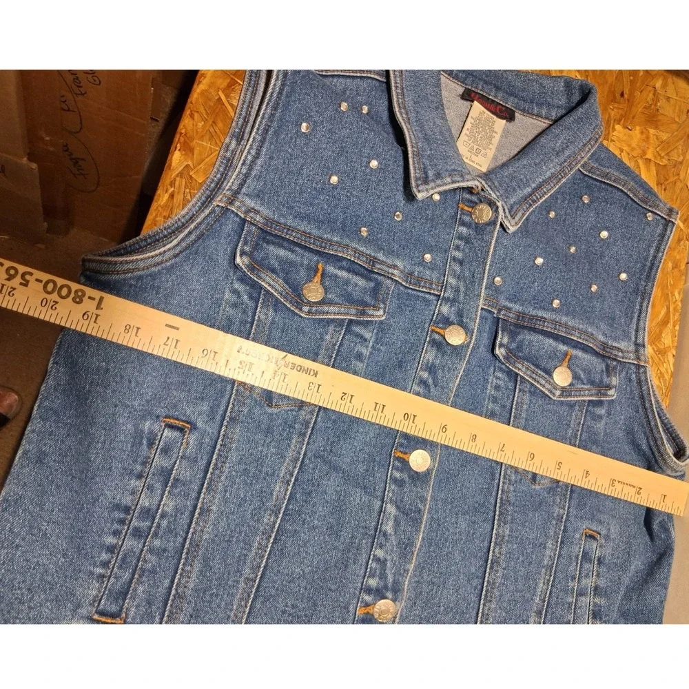 Denim & Co Womens Medium Wash Rhinestone Studded Denim Vest Blue Large L
